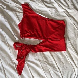 Red Self-Tie One Shoulder Crop Top